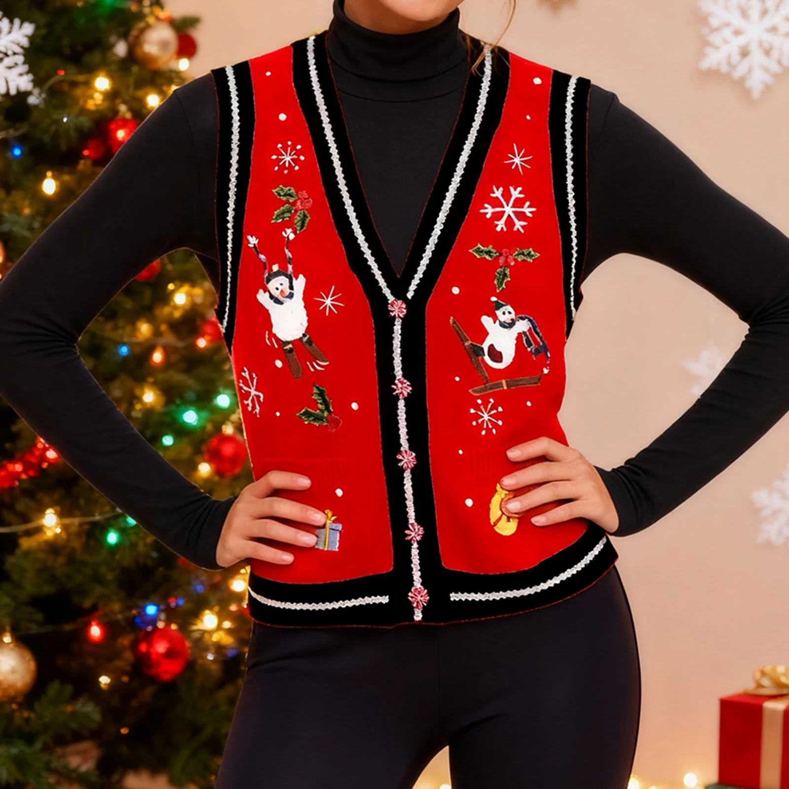 Christmas Women Embroidery Knit Vest, Elegant Sleeveless Button Vest Snowman Winter Top for Casual Daily