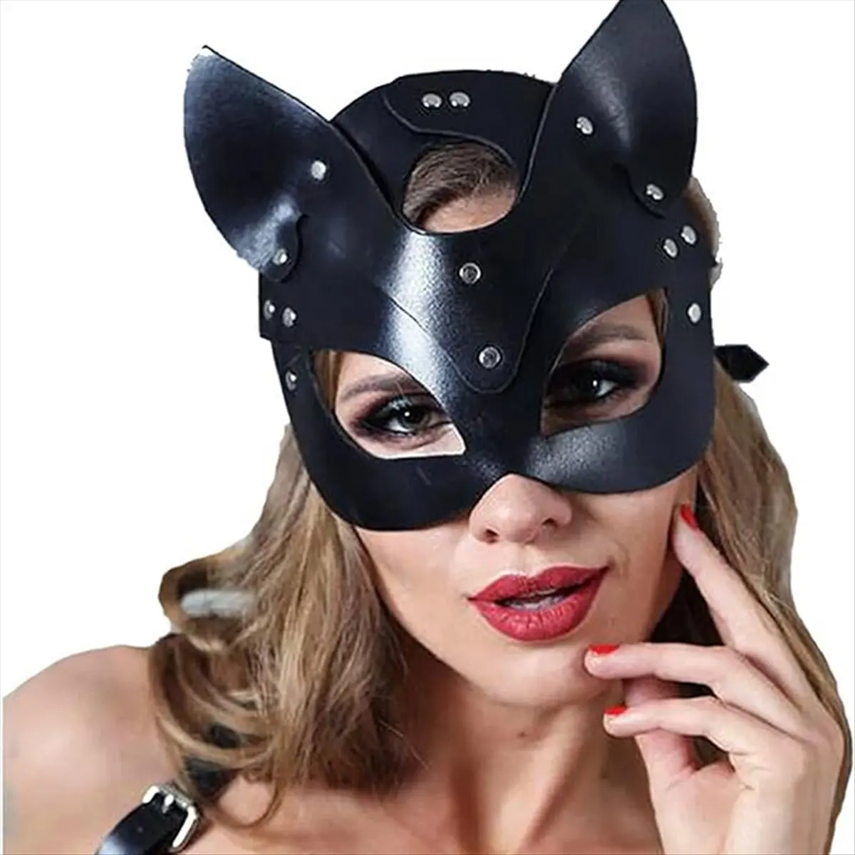Women Cats Mask Half Face Cats Mask Leather Cats Ears Mask Cosplay Costume Accessory,Red &LICG