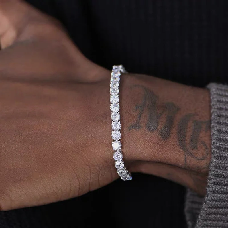 Iced Out Tennis Bracelet For Men 3/4/5mm 5A Diamond Cut Cubic Zirconia S925 Sterling Silver Anti Allergy Never Fade Hip Hop Streetwear Punk Male Fine Jewelry Daily Club Party Gift