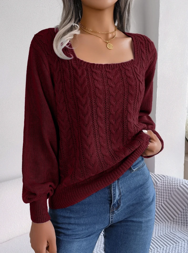 

Women's casual square collar fried dough twisted lantern sleeve pullover for autumn and winter 2025, fashionable and elegant