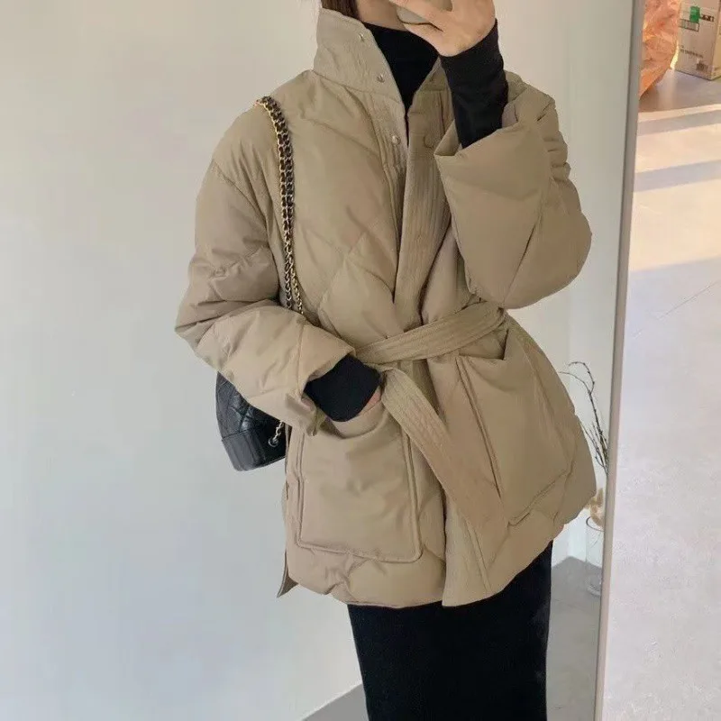 Casual Basics Single Breasted Parkas Retro Belted Jacket 2024 Winter Women Oversized Outerwear Fashion Warm Thick Solid Coat