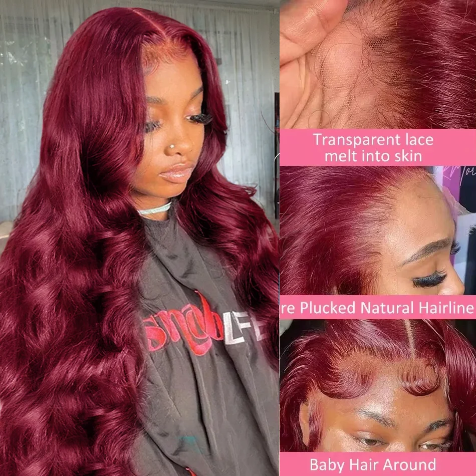 30 32 Inch 99J Burgundy 13x6 Lace Frontal Wigs Red Colored Body Wave 13x4 HD Transparent Lace Front Human Hair Wig For Women