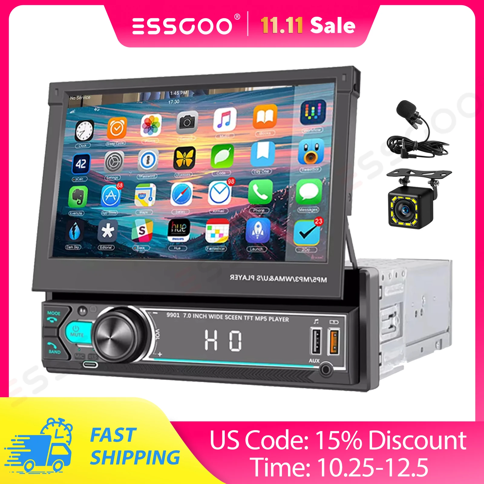 ESSGOO راديو ستيريو للسيارة قابل للطي مقاس 7 بوصات وشاشة لمس واحدة 1 Din Android Auto وApple CarPlay 2USB/Bluetooth/AUX-IN/SWC مشغل MP5 #1