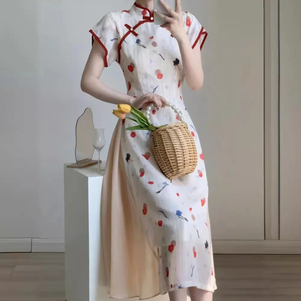 

2024, женское красное платье Cheongsam с цветочным принтом, новое улучшенное Ципао в китайском стиле с коротким рукавом, винтажное женское тонкое элегантное длинное платье высокого класса