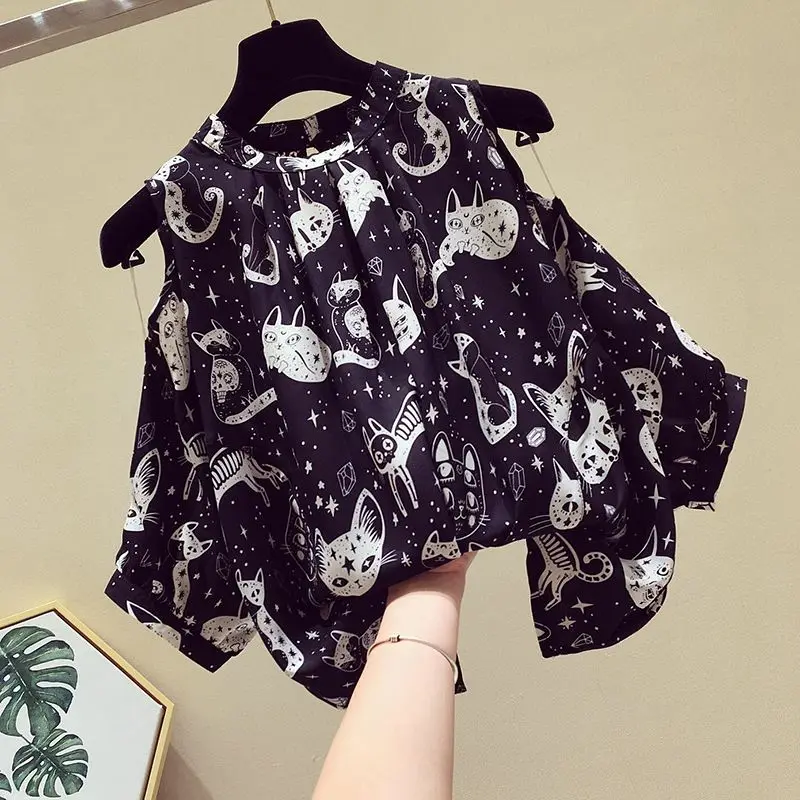 Fashion Hand-Painted Cat Printed Shirt Women's Clothing Elegant Off Shoulder Stand Collar Summer Korean Commute Loose Blouse New