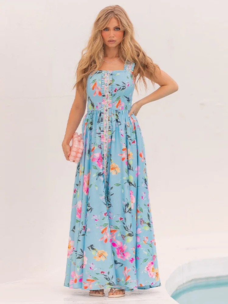 

Chic Women Sleeveless Sling Maxi Dress Solid Printed Backless Bodycon Patchwork High Waist Ruffle Vestido New Vacation Beachwear