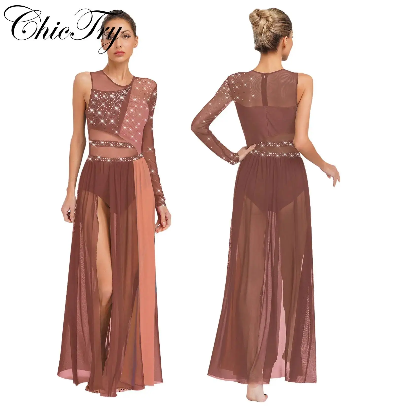 

Womens Lyrical Dance Modern Contemporary Dress Ballet Performance Wear Rhinestones Side Split Sheer Mesh Color Block Patchwork