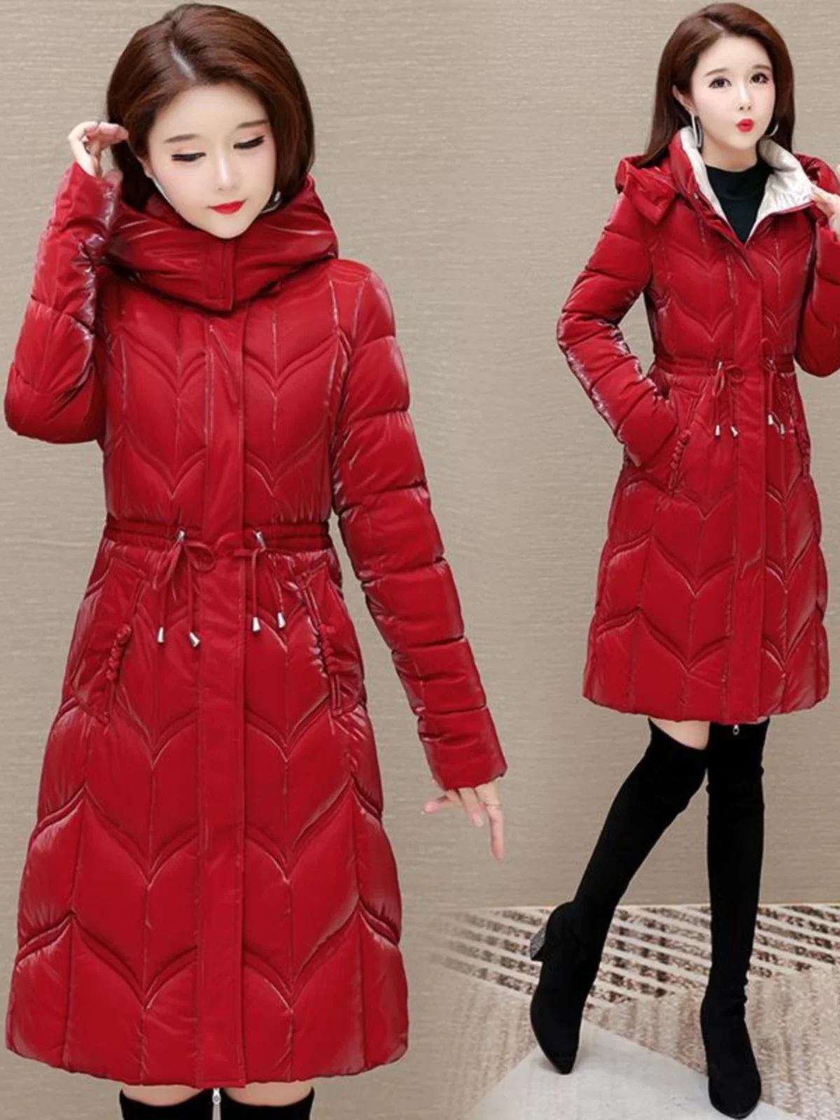 

Зимняя утепленная хлопковая куртка-пуховик женская приталенная, длиной до колена, с гладкой поверхностью