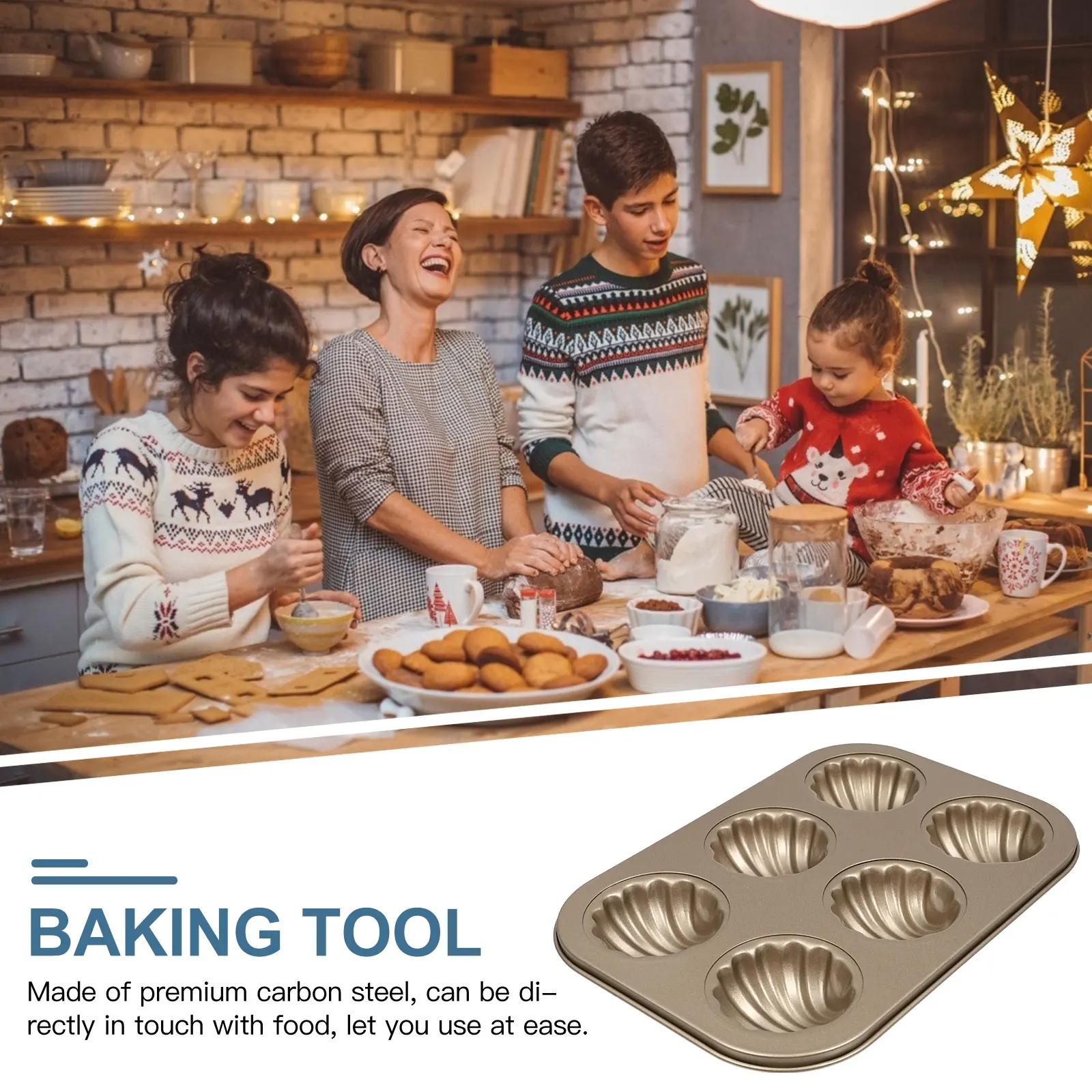 

6 Holes Round Cake Shell Pan Golden Color Non Stick Baking Mold Kitchen Tool For Home Party Use Practical Bakeware
