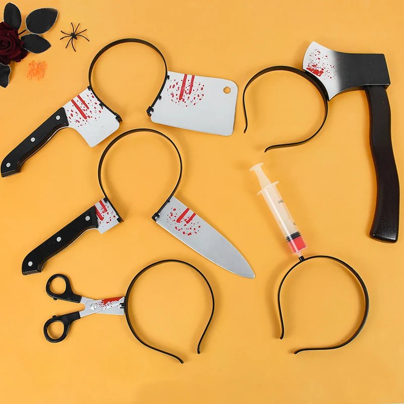 مناشير فأس دموية مزيفة لتزيين هالوين ، عصابة رأس سكين ، دعامة مزحة ، ديكور حفلة هالوين ، إكسسوارات تنكرية ،