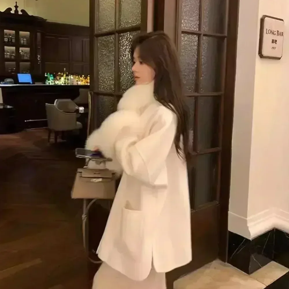 2025 خريف شتاء موضة جديدة معطف الفرو كريمة الثعلب الفراء طوق سترة الإناث على الوجهين معطف الصوف معطف من قماش الكشمير النساء #5