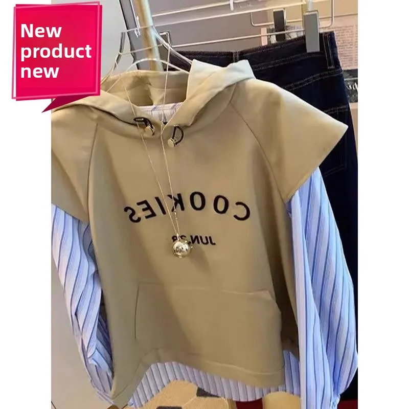 大きいサイズのパーカー、ロングスリーブ、レタープリント、レディース、フェイクツーピースデザイン、カジュアルで快適なポリエステル繊維、春秋