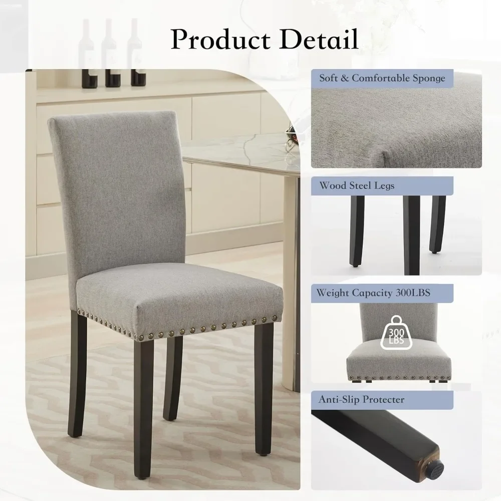

Upholstered Parsons Dining Chairs – Fabric Kitchen Sets with Nailhead Trim, Solid Wood Legs & Padded Seat for Dining Room