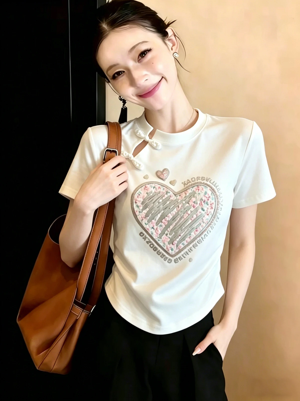 White Heart Print Short Sleeve T-Shirt Women's Casual Style Button Design Hollow out Detail Age-Defying Summer New Arrival