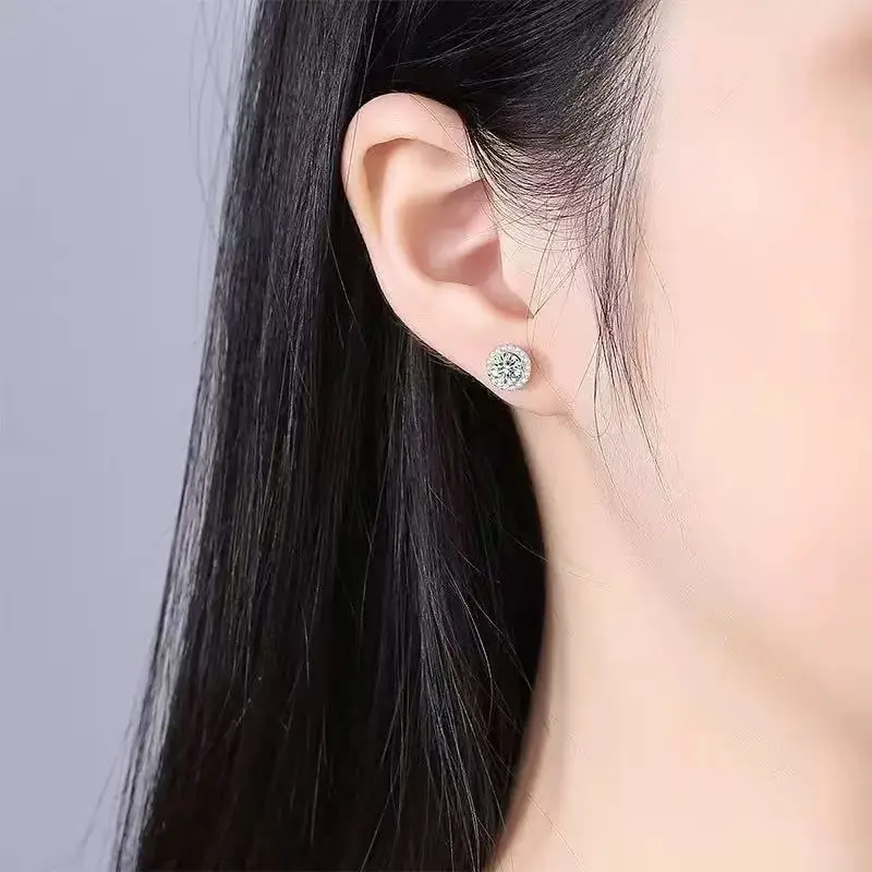 Minimalist geometric moissanite earrings for unisex wear • electroplated silver and white gold finish • lightweight copper base
