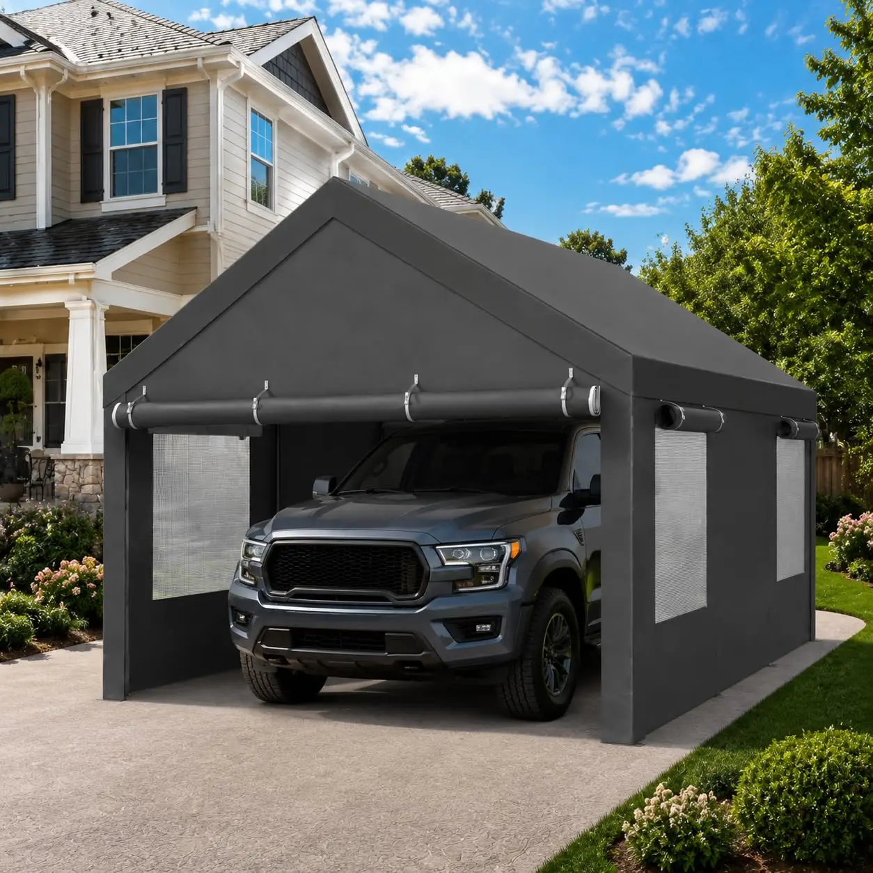 12x20 Heavy Duty Carport Truck SUV 8 Legs PE Tarp Roll-Up Windows Removable Sidewalls UV Resistant Steel Frame, Customized