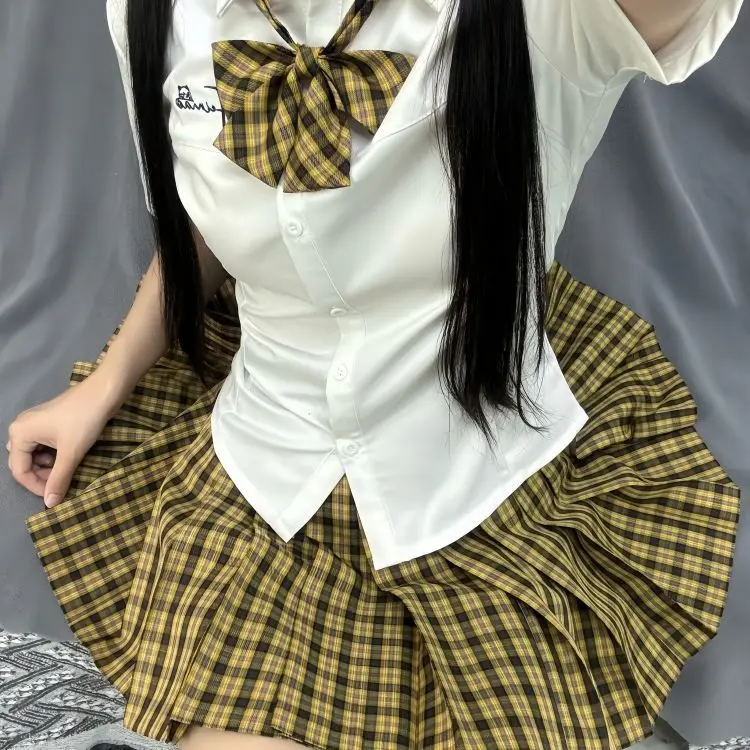 Koszula z haftem w talii Krótki rękaw Spódnica w stylu college Slim Mundurek JK Damski Garnitur Śliczny Strój do Odgrywania Ról Spódniczka w Kratę Studentka Japońska