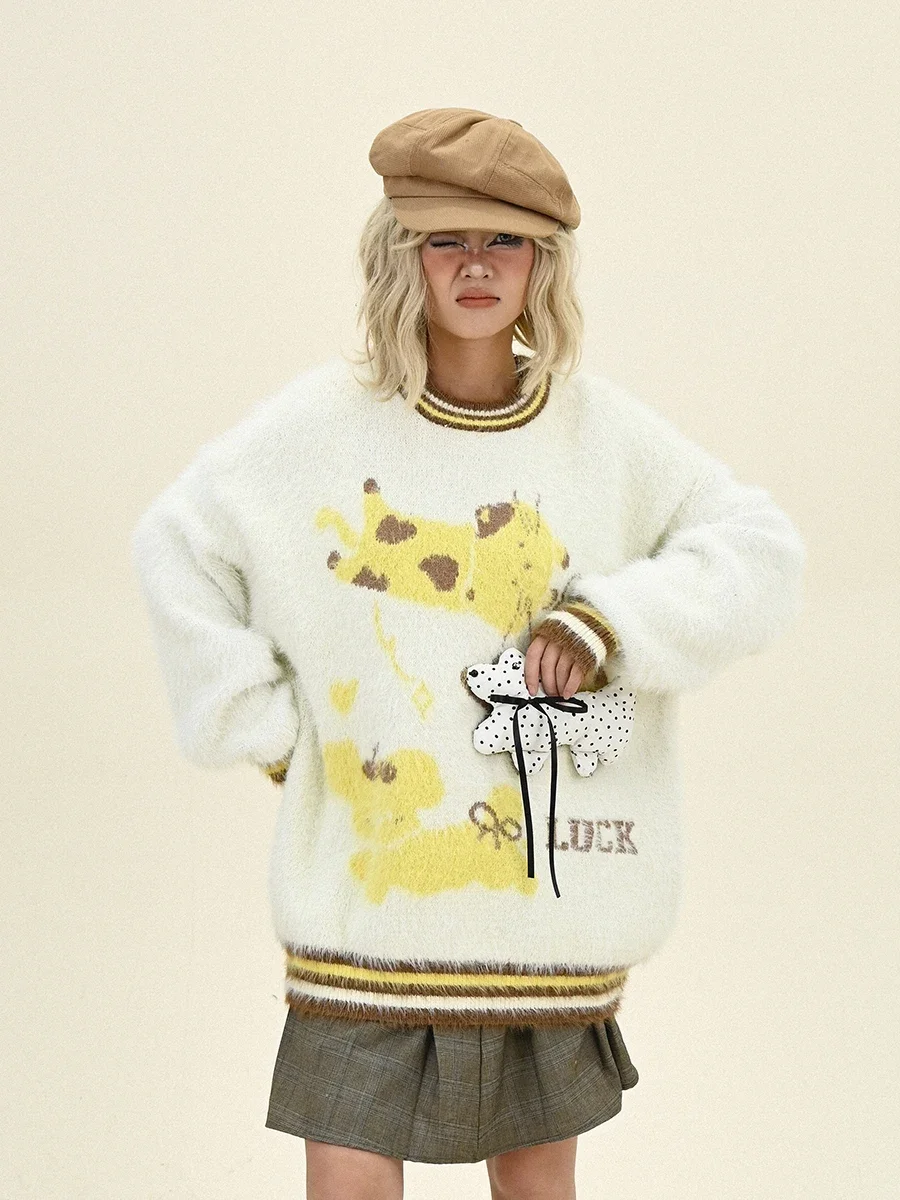 Fun Puppy Crew Neck Sweaters Women's 2024 Winter New Loose Bf American High Street Retro Knitting