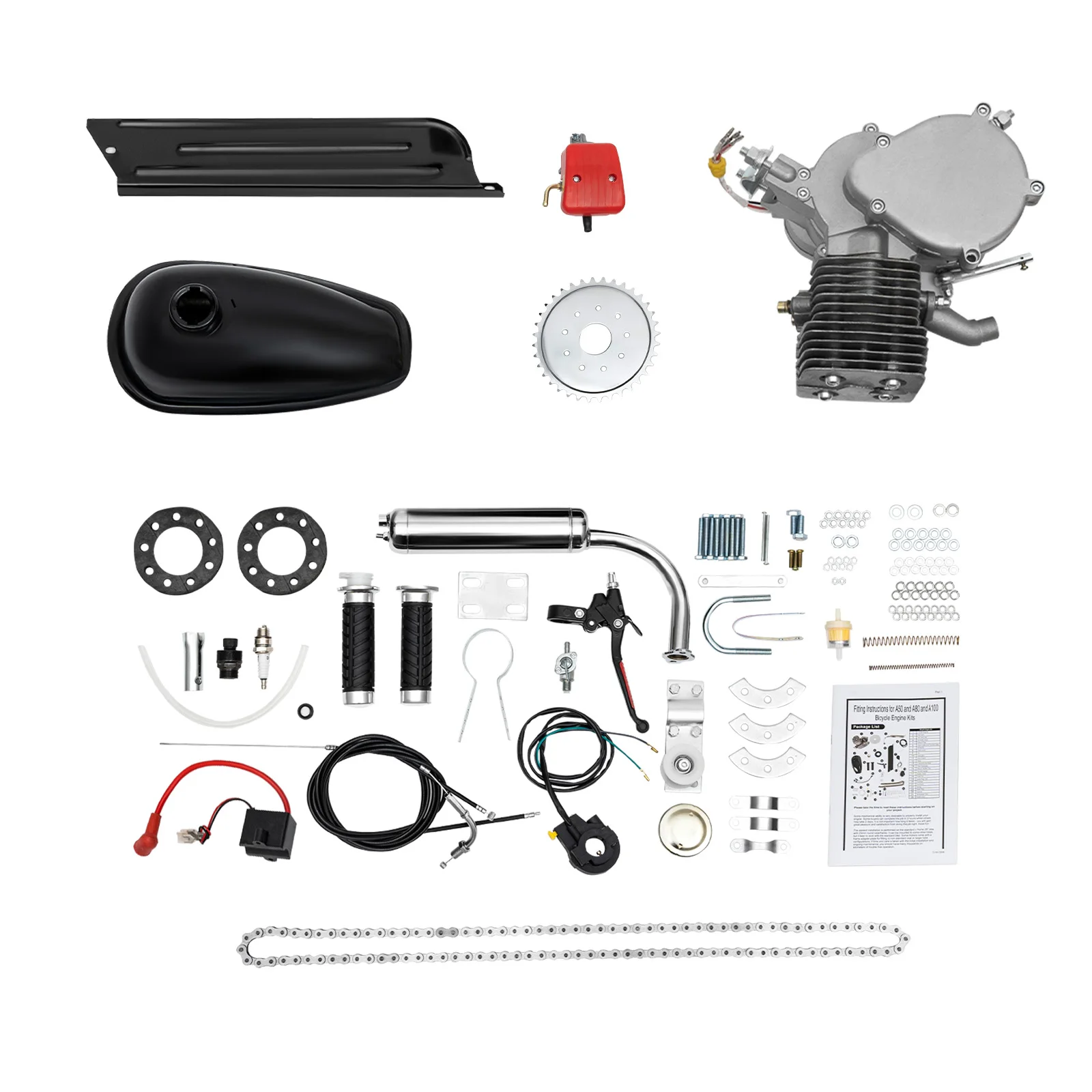 36/44 Tand 100CC 2-takt Fiets Benzinemotor Set Fiets Benzinemotor Kit Wijzigen De Snelheid Enkele Cilinder, luchtkoeling