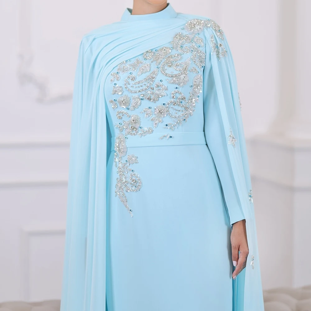 Vestidos de noite retos personalizados até o chão, gola alta, manga comprida, vestido de baile, moda cristal, simples, roubou, vestido de festa drapeado