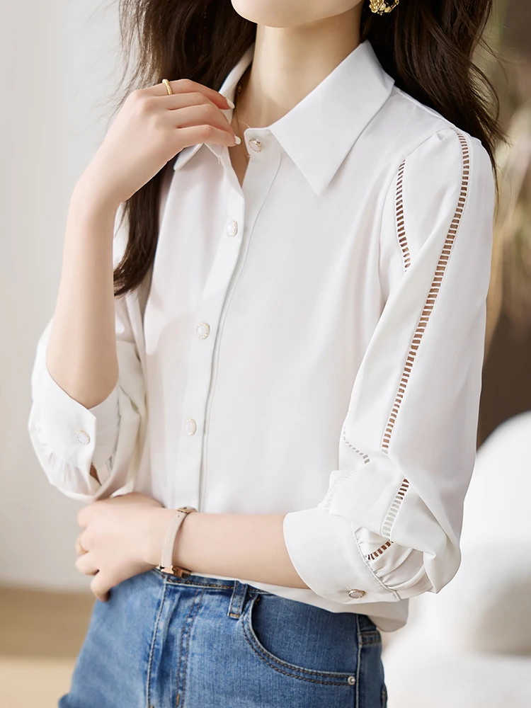 QOERLIN Hollow Out Long Sleeve White Shirts Women 2024 Spring Fall Office Ladies Elegant Single-Breasted Blouse Chiffon Shirts