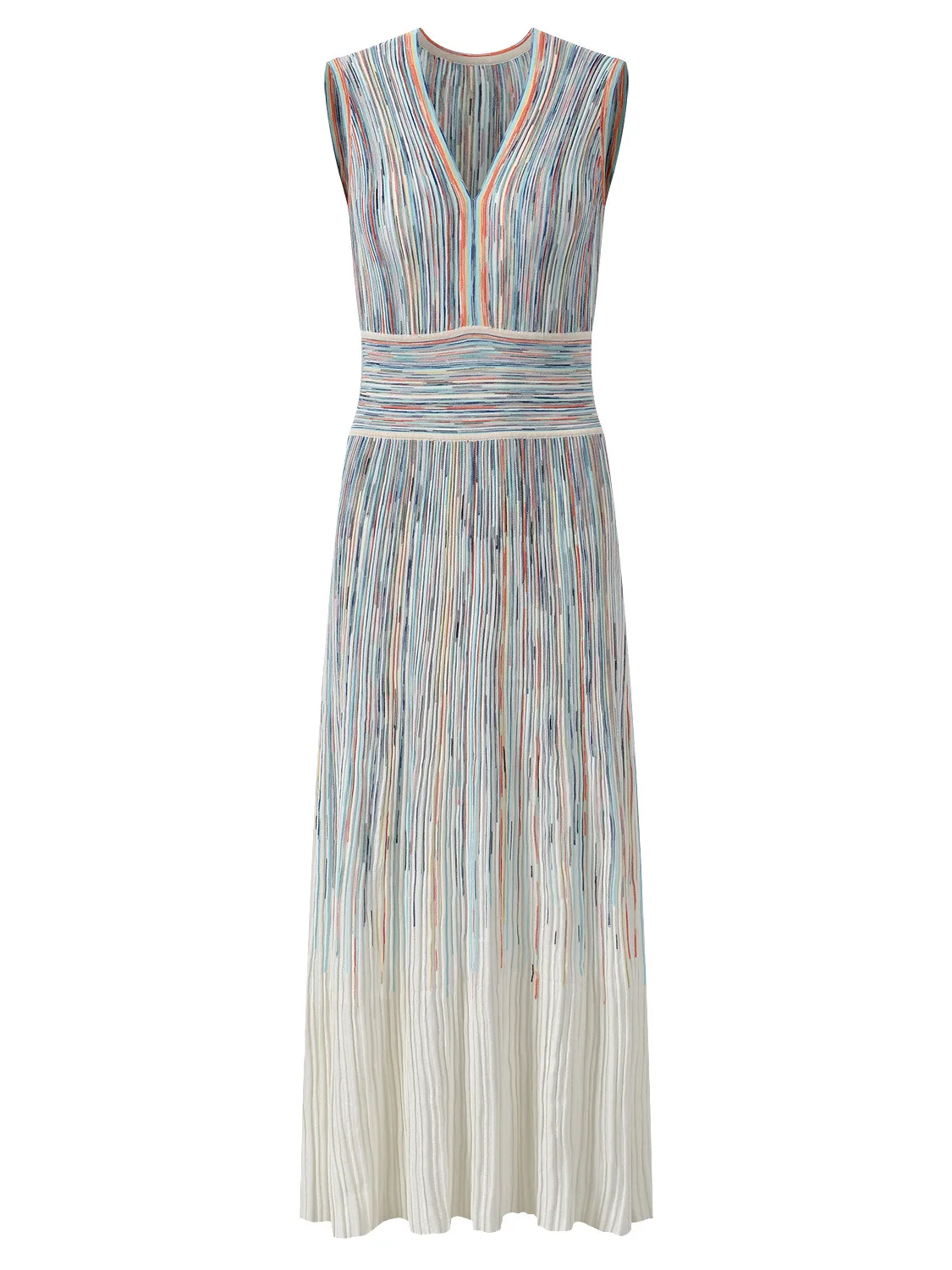 

Summer 2026 Fashionable Knitted Slim Fit Dress V Neck Sleeveless Color Gradient Stripes Waist Cinched City Walk Casual Wear