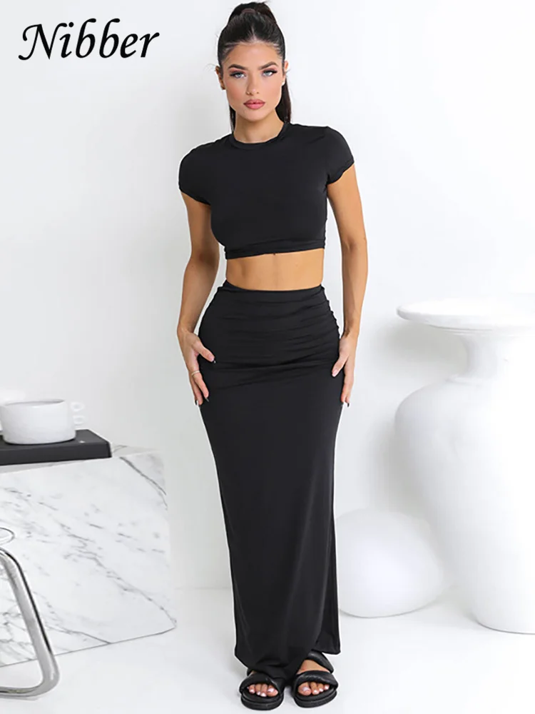 Nibber Basic Solid Casual Two Piece Set Women Hipster Short Sleeve O-neck T-shirts + Matching Hip Skirt Female Bare Midriff Suit