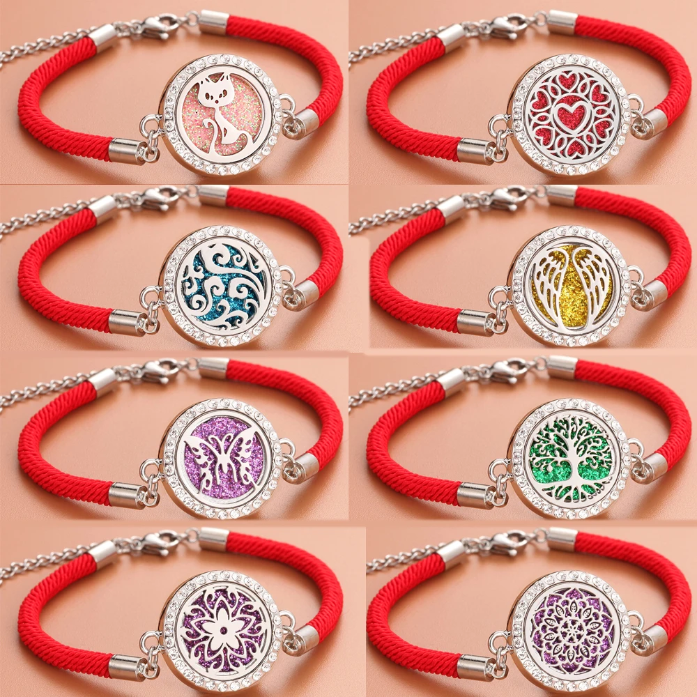 Pulsera difusora de aromaterapia, cuerda roja de diamantes de imitación, cuerda trenzada, difusor de aceites esenciales de Perfume, pulseras con medallón de Perfume de circón