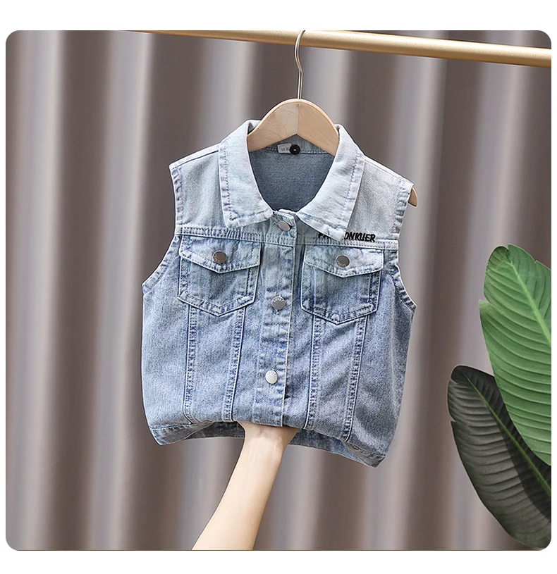 Baby Jungen Lässige Jeansweste mit Kapuze Neue Kinder Designer Modekleidung Outfit Kinder Ärmellose Jacke Hoodie Weste 2-9 Jahre – Detail 2