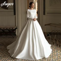 Elegant Ivory Simple Satin Bridal Gowns Long Sleeves Open Back Vestidos De Novia 2021 Scoop Neckline Beading Belt Princess
