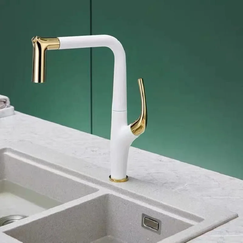 Kitchen Faucet Pull Out Single Lever Brass Rotation Hot and Cold Brush Gold  Water Saving Decked Sink Mixer Tap New