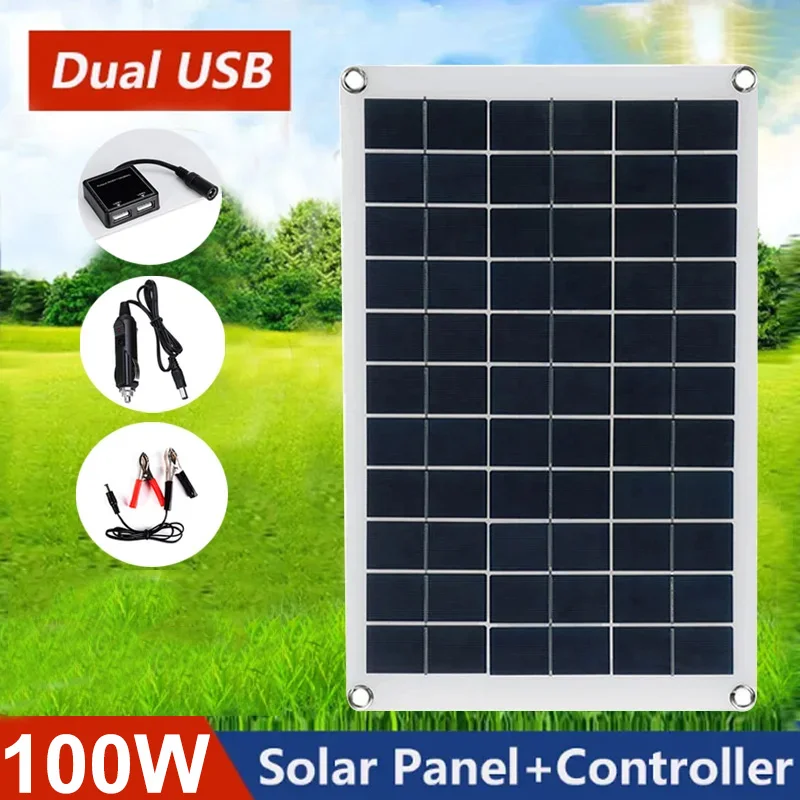 100W Solar Panel Dual USB Solar Cells 18V Solar Plate Power Bank for Moblie Phone Camping RV Car Yacht Outdoor Battery Supply