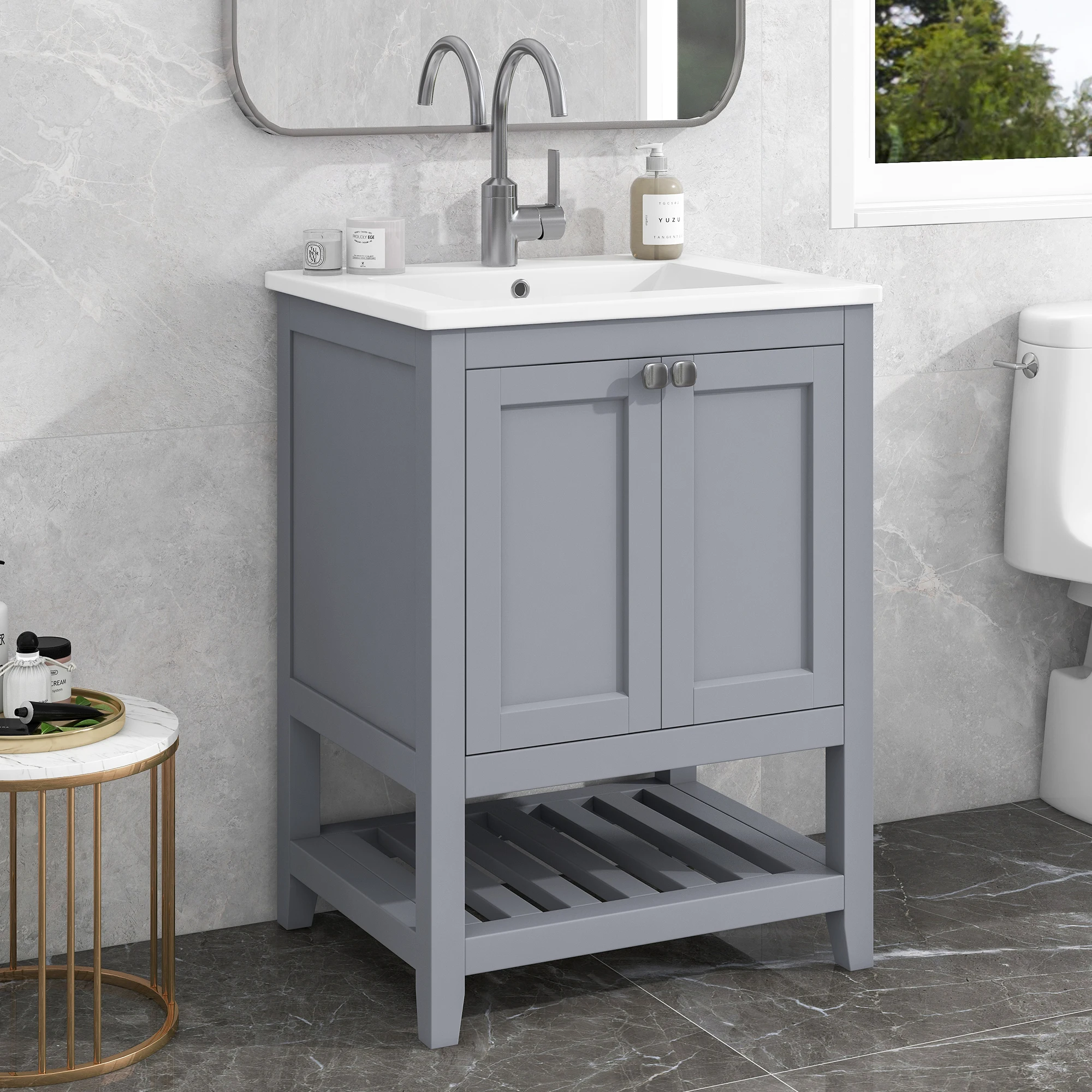 Meuble-lavabo simple avec vasque en céramique, armoire de salle de bain autoportante avec rangement, gris clair