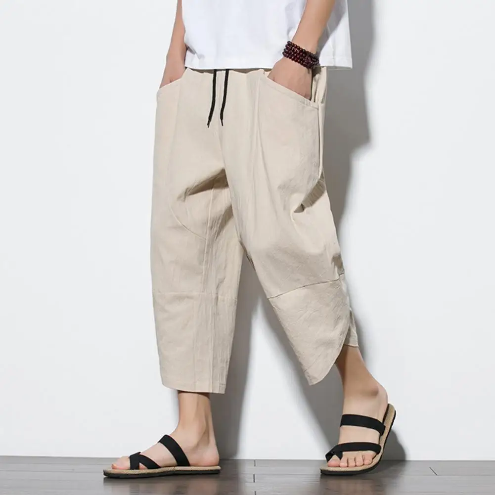 

Men Cropped Pants Straight Leg Elastic Waist Ethnic Style Plus Size Cotton Linen Harem Pants Men Summer Pants pantalones hombre