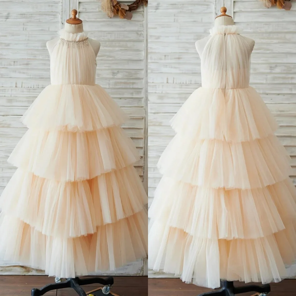 

Beige Flower Girl Dresses For Wedding Litter Girls Birthday Party Gowns Baby Children High Neck Clothes Outfit Gown