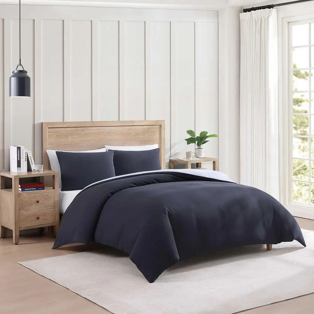 Set Sprei Mewah Bahan Micro Pique Warna Navy dengan Sarung Bantal, Ukuran Tempat Tidur Full/Queen