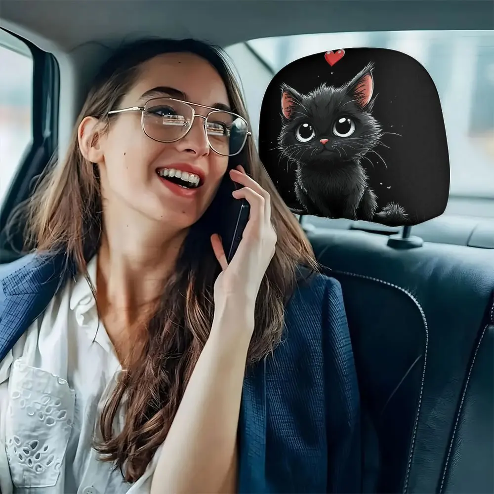 2Pcs Headrest Covers Car 2Pcs Headrest Covers Car Funny 2Pcs, cute big-eyed black cat printed car head pillowcase, four-season view 5