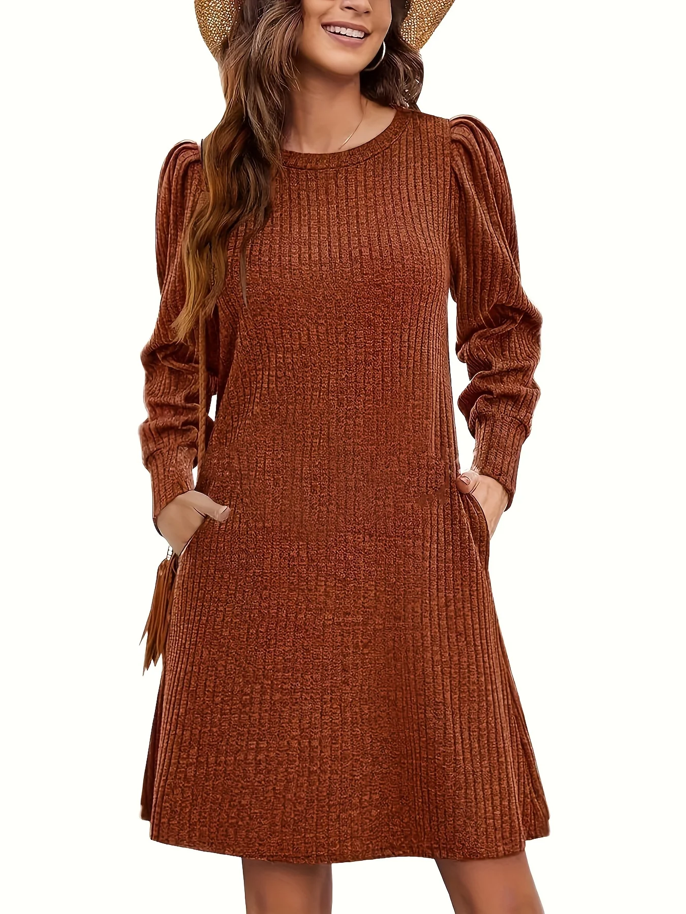 

Fashion Women's Knitted Puff Sleeve Long Sleeve Fall/Winter Crew Neck Casual Tunic Dress