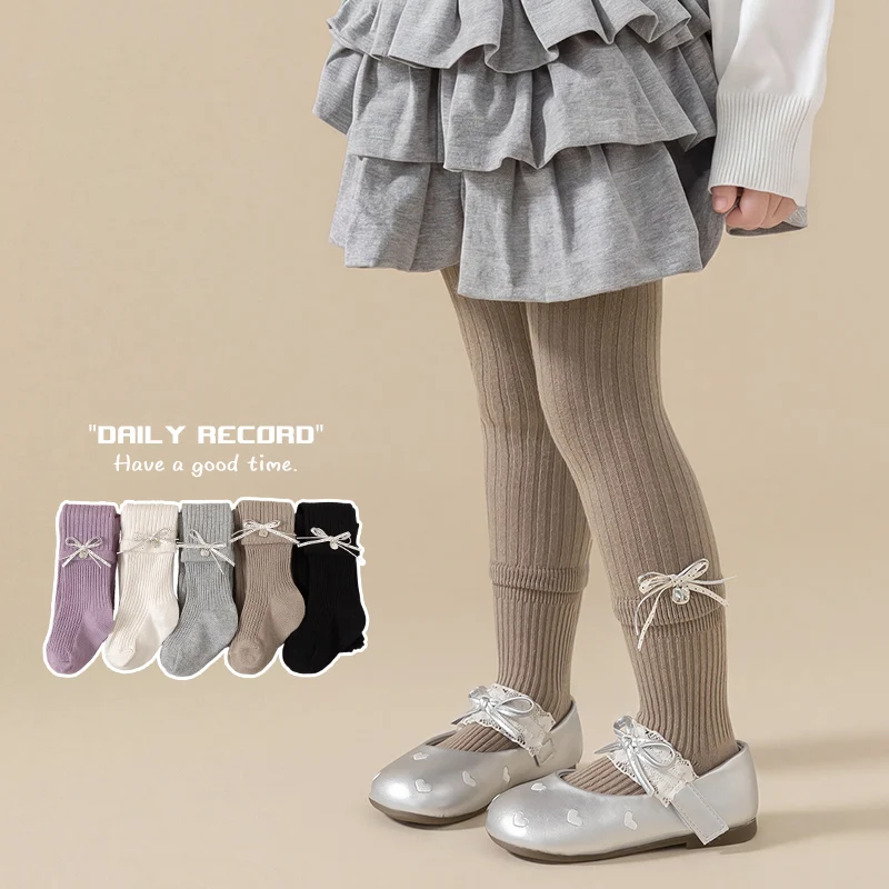 Sweet Girls Korean‑Look Spring Autumn Pantyhose Polka Dot Print And Silver Thread Double Bow Accent Skin‑Friendly Elastic Tights
