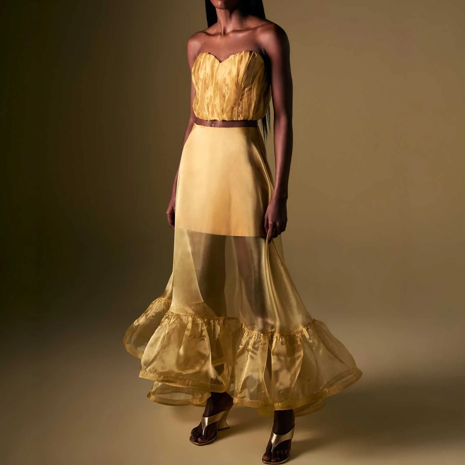 

High Quality Golden Organza Skirt High Low Faldas Women Evening Skirts Custom Bridesmaid Skirt Wedding Guest Wear Ruffle Skirt