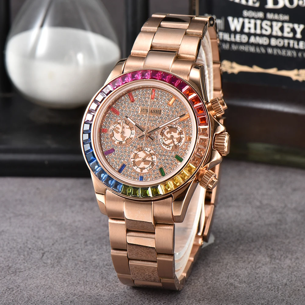 Oumashi 39mm VK63 Movement watches Rainbow Watch Panda Three Eye Quartz Watch Sapphire Stainless Steel Waterproof Timing Code