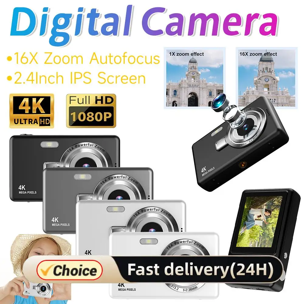 

Видеокамера 4K HD 1080P, 2,4-дюймовый IPS-экран, цифровая камера, 96-мегапиксельная камера с автофокусом, 16-кратным зумом для детей, взрослых, начинающих