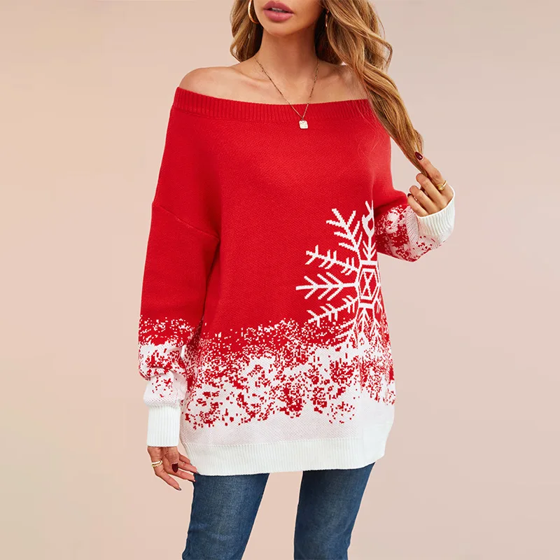 Women Off Shoulder Knit Sweater Christmas Snowflake Gradient Print Long Sleeve Loose Pullover Xmas Party Festive Top