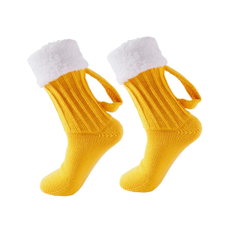 

1 Pair Man woman Yellow Thick Woolen Yarn 3D Beer Mug Socks Funny Autumn and Winter Knitting Warm Floor Room Socks