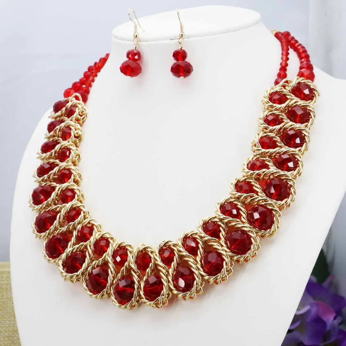 Hot Sale Colorful Crystal Glass Beads Necklaces&Earrings Sets For Women Girls Gilfs Chain 3Row DIY Jewelry Design Crafts 18inch