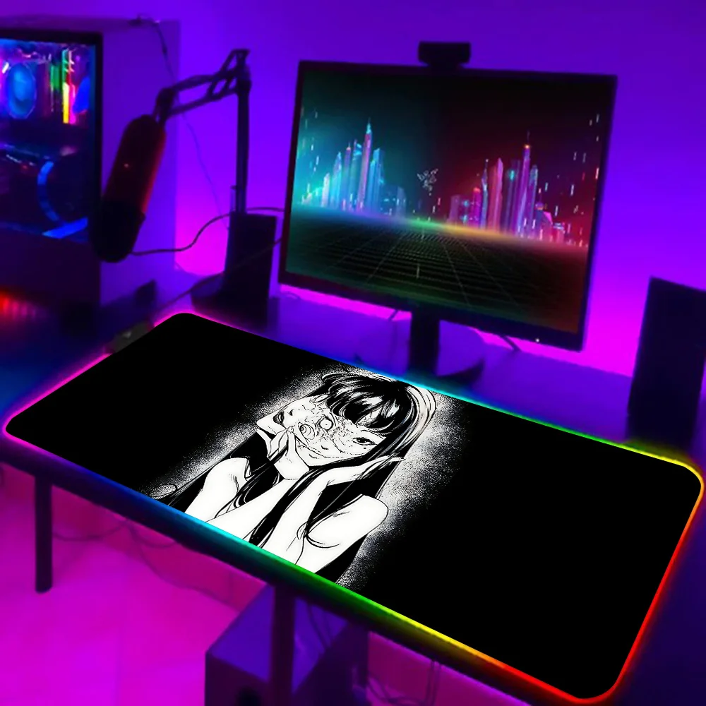 Anime J-Junji Ito Tomie RGB Pc Gamer Keyboard Mouse Pad Mousepad LED Glowing Mouse Mats Rubber Gaming Computer Mausepad