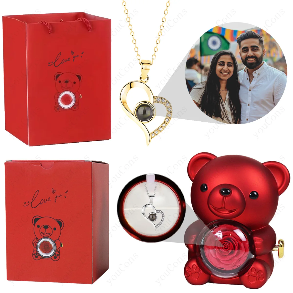 

Подвеска-проектор с фото на заказ в подарочной коробке с изысканным медведем и розой – сюрприз на День святого Валентина, День матери, День рождения