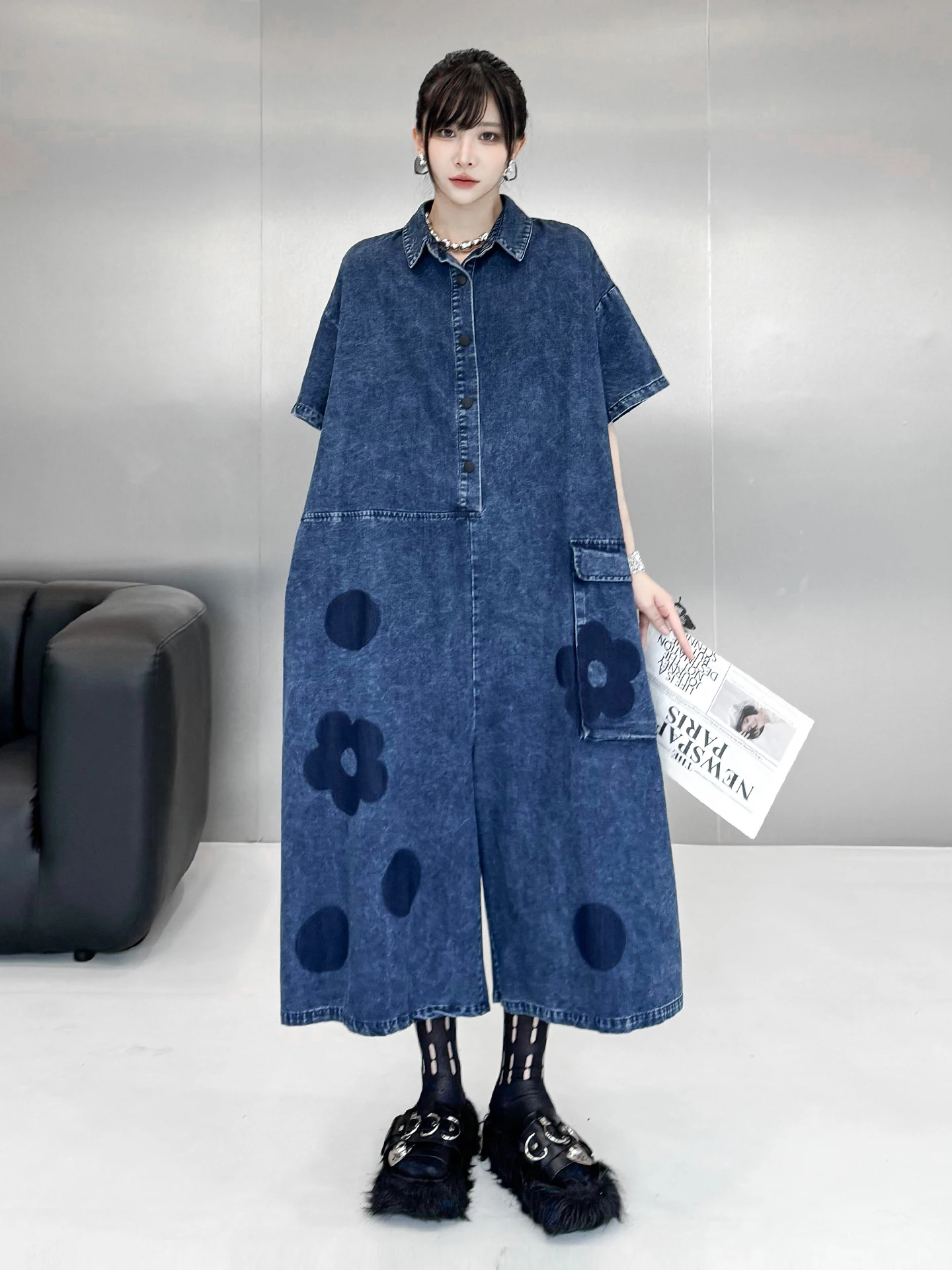 

Retro Denim Jumpsuit Women's Spring Summer Short Sleeve Floral Print Loose Long Pants High Waist Straight Leg Commute Style