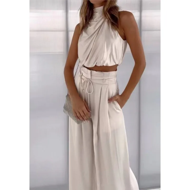 Women's Set Two Piece O-neck Sleeveless Midriff-baring Pleated Crop Tops Wide Leg Pants Set Silk Texture Fashion Casual 2024