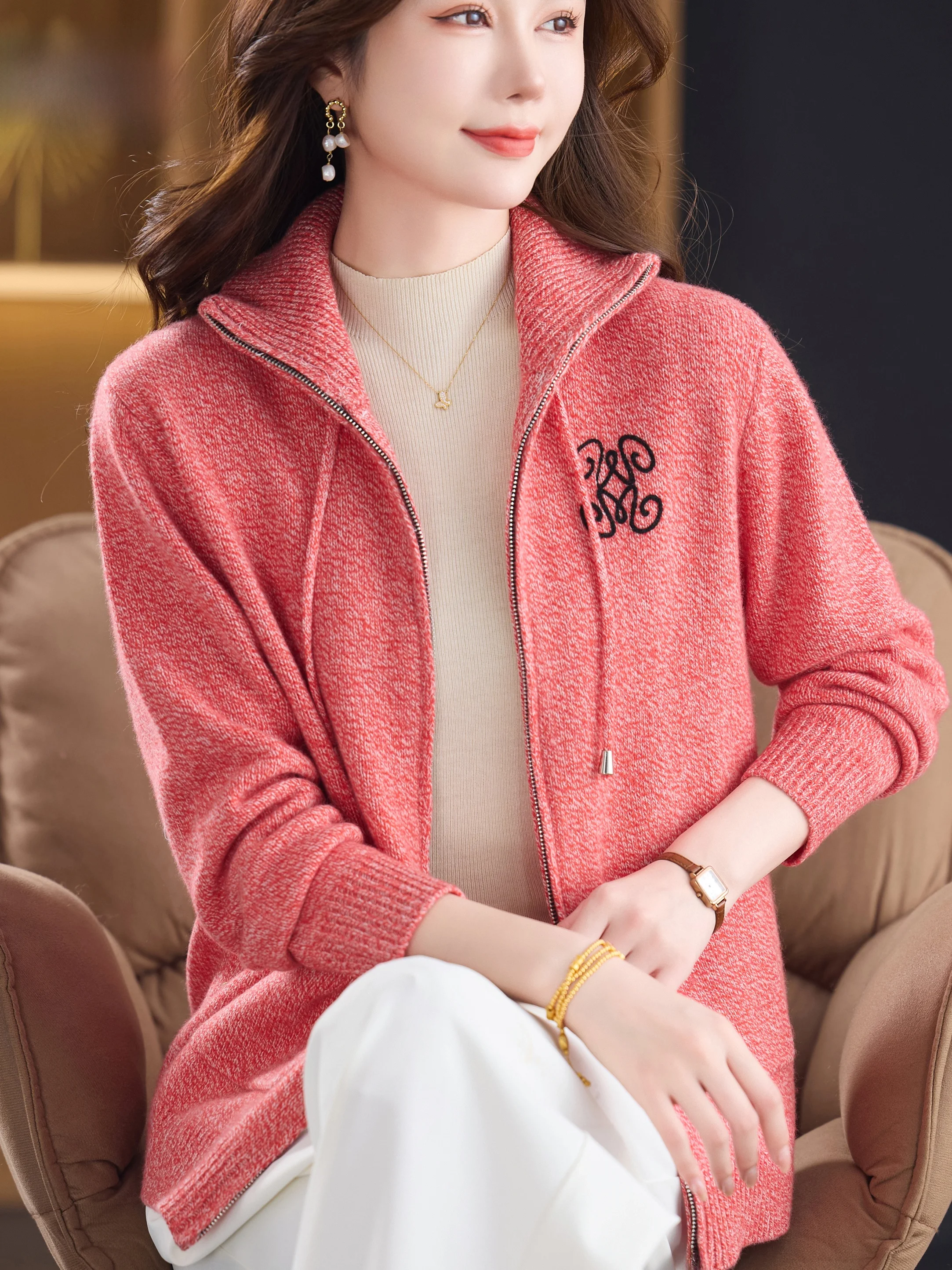 

Pure Wool Knitted Open Cardigan Women's Stand Collar Zipper Sweater Outerwear Loose Casual Top for Mom Autumn Wear